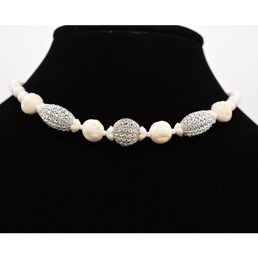 West Germany Vintage Choker Necklace White Beaded Silver Signed 1970s Bin2C